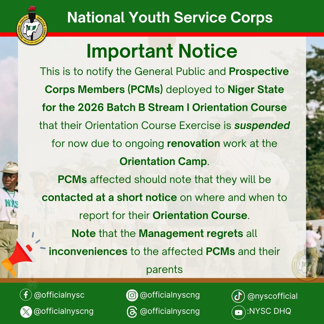 Niger State NYSC Orientation Camp Renovation Forces Suspension of 2026 Batch B Stream I Exercise