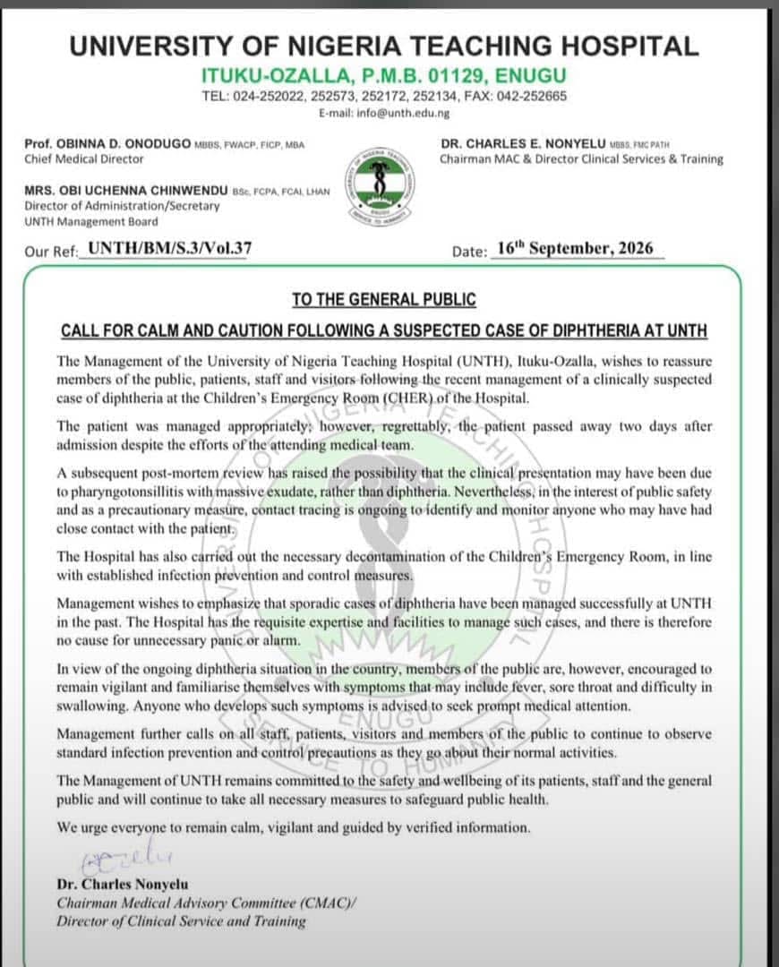 GOVERNMENT DENIALS COLLIDE WITH HOSPITAL ALERTS: UNTH CONFIRMS SUSPECTED DIPHTHERIA DEATH AND CONTACT TRACING IN ENUGU