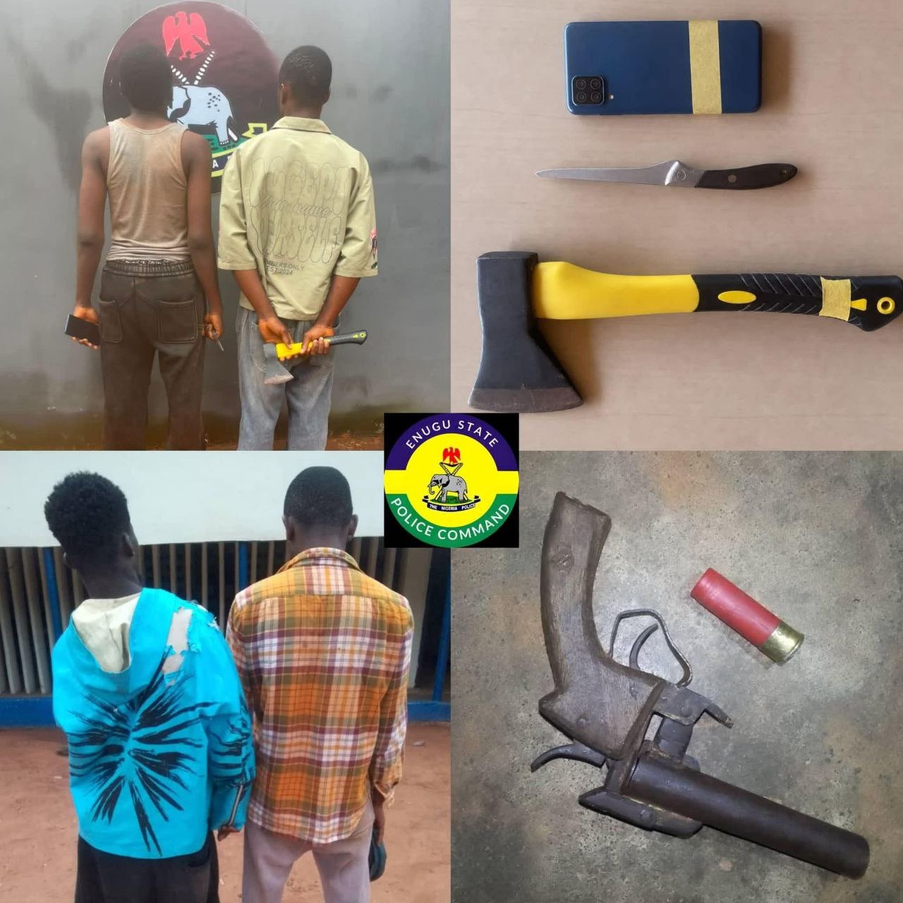 ENUGU POLICE ARREST FOUR SUSPECTED NBM CULTISTS AND ARMED ROBBERS, RECOVER FIREARMS AND STOLEN ITEMS