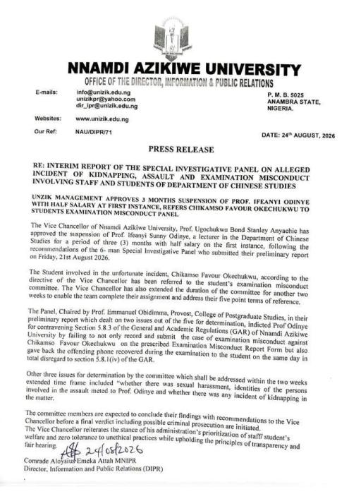 UNIZIK SUSPENDS PROF. IFEANYI ODINYE, REFERS STUDENT TO MISCONDUCT PANEL OVER ALLEGATIONS IN CHINESE STUDIES DEPARTMENT
