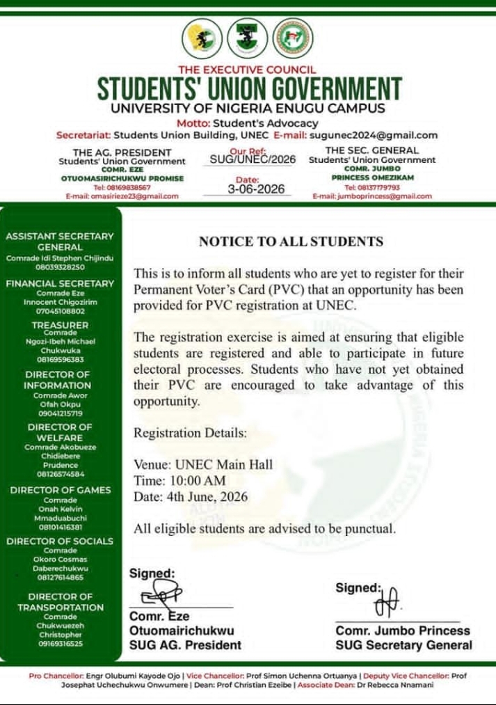 Civic Mobilization at UNEC: Students’ Union Urges Registrations and PVC Updates Ahead of July 10 Deadline