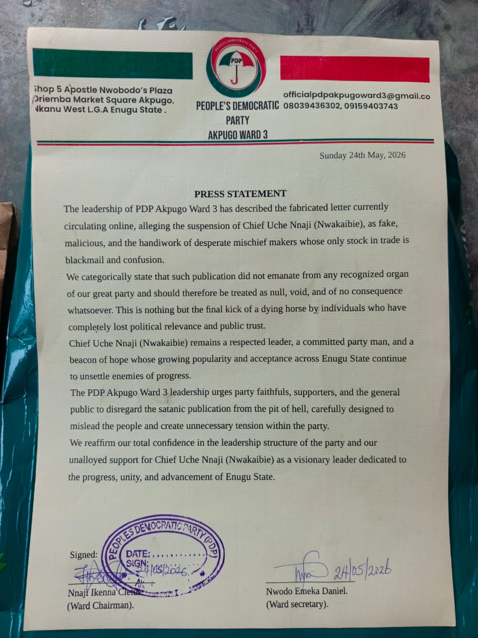 PDP Akpugo Ward 3 Dismisses Alleged Suspension Letter Against Chief Uche Nnaji as Fake
