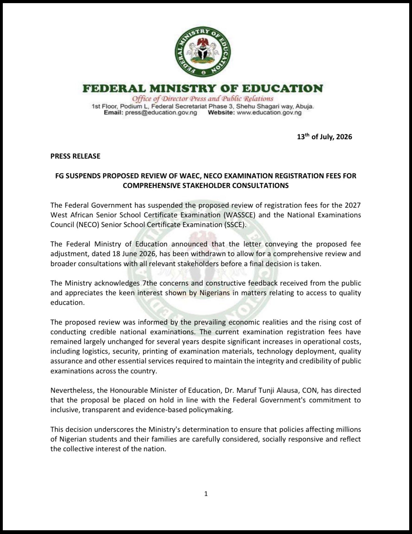Federal Government Suspends Proposed 82% Increase in WAEC, NECO Examination Fees