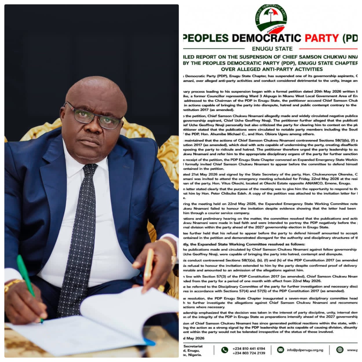 PDP Stakeholders and Media Groups Commend Enugu Leadership Over Suspension of Chief Samson Chukwu Nnamani