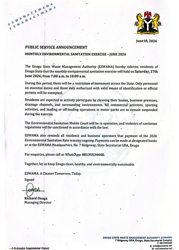 ESWAMA Announces June 2026 Monthly Sanitation Exercise