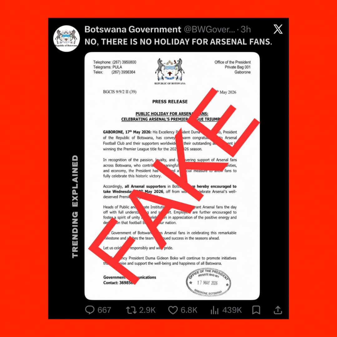 Botswana Government Denies Viral “Arsenal Public Holiday” Announcement