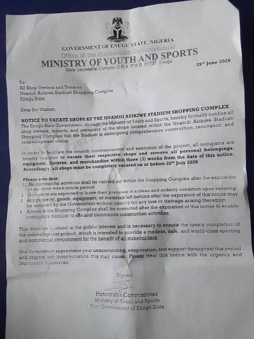 Concerns Grows as Traders Around Enugu Stadium Ordered to Vacate for Renovation After Just Two weeks Evacuation Notice
