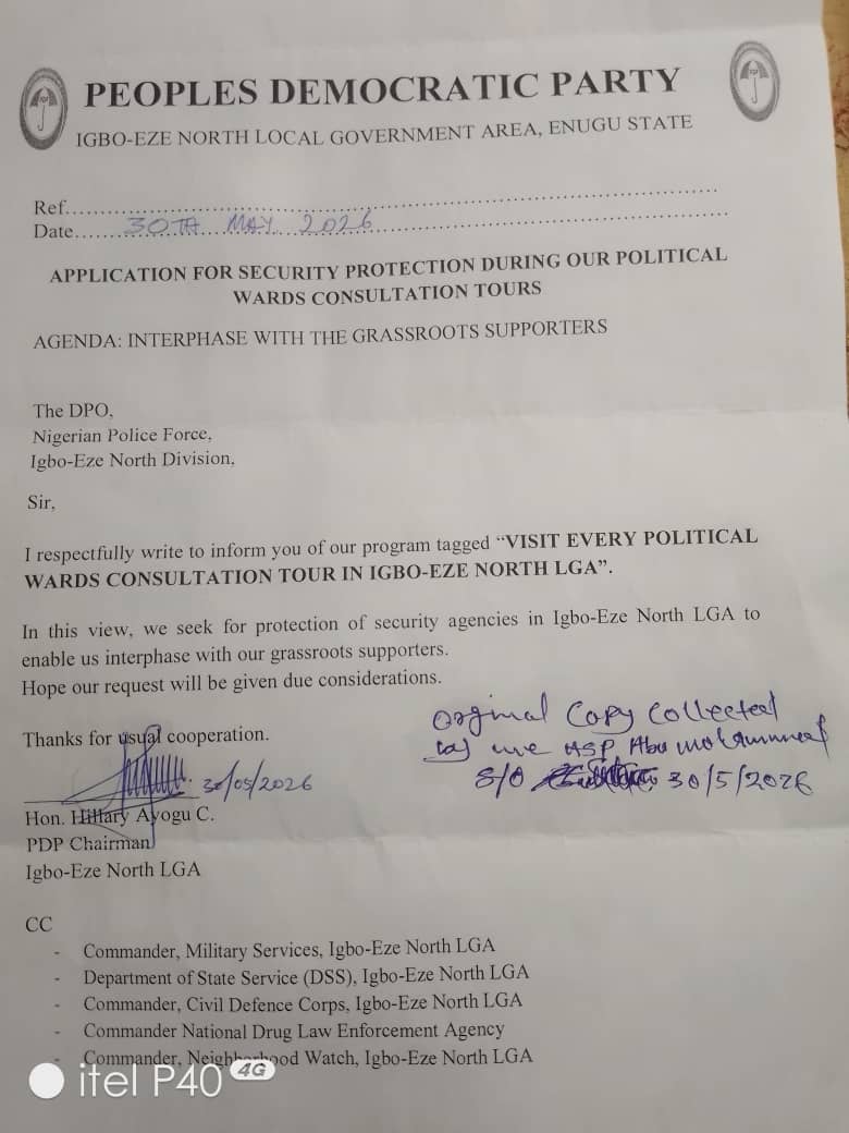 Tension in Enugu: PDP Accuses Outgoing Igbo-Eze North Mayor of Using Security Agencies to Block Ward Meetings, Cites Official Letter to DPO