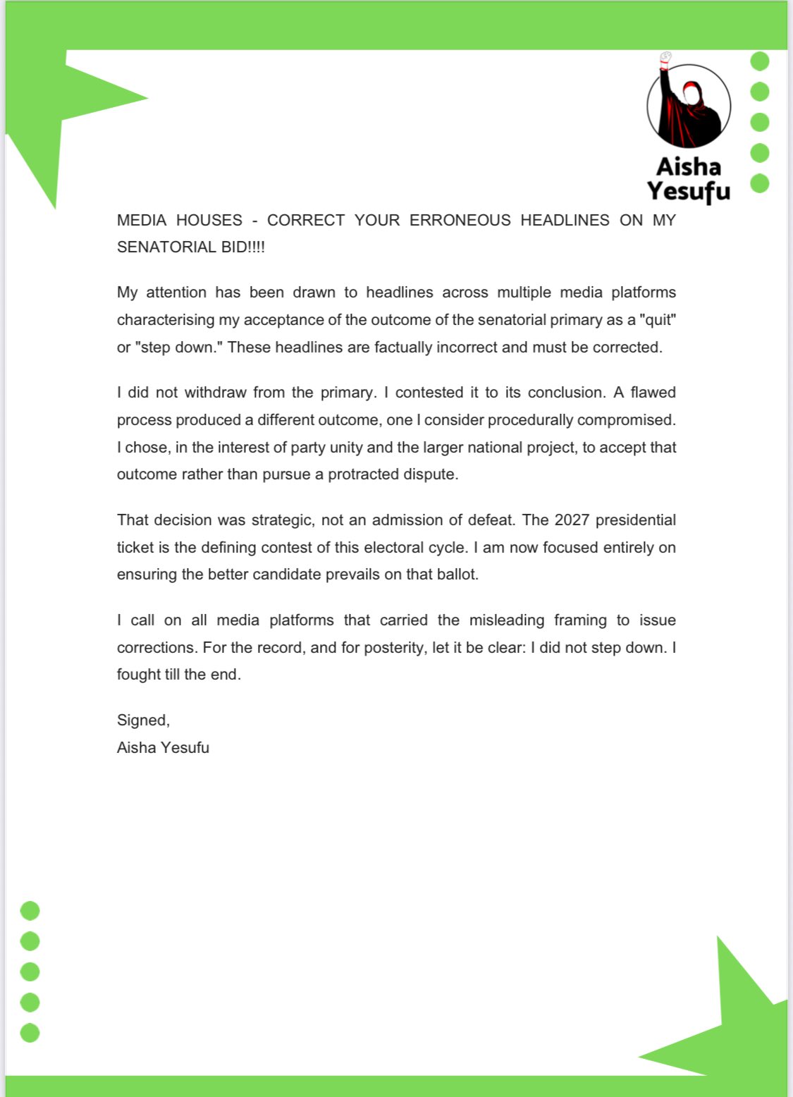 Aisha Yesufu Denies Stepping Down, Says She Accepted Outcome for Party Unity and 2027 Presidential Focus