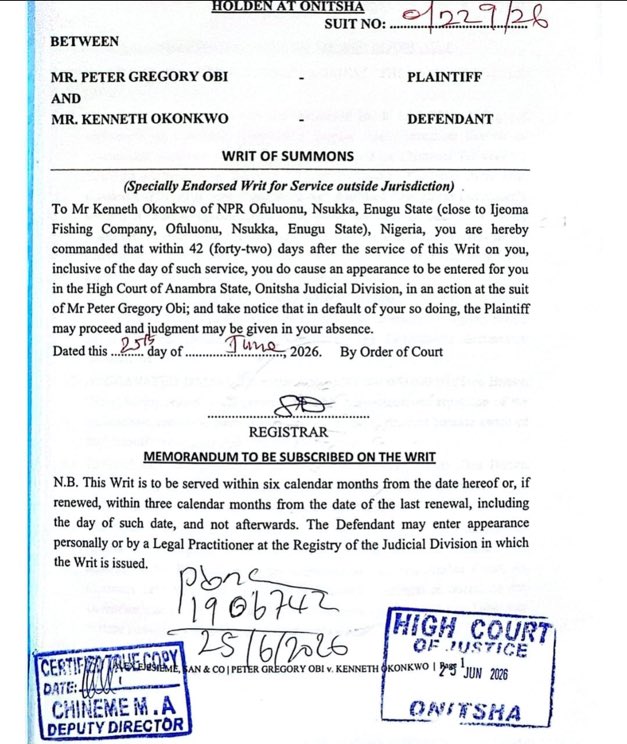 Peter Obi Reportedly Drags Kenneth Okonkwo to Court Over Alleged Defamation