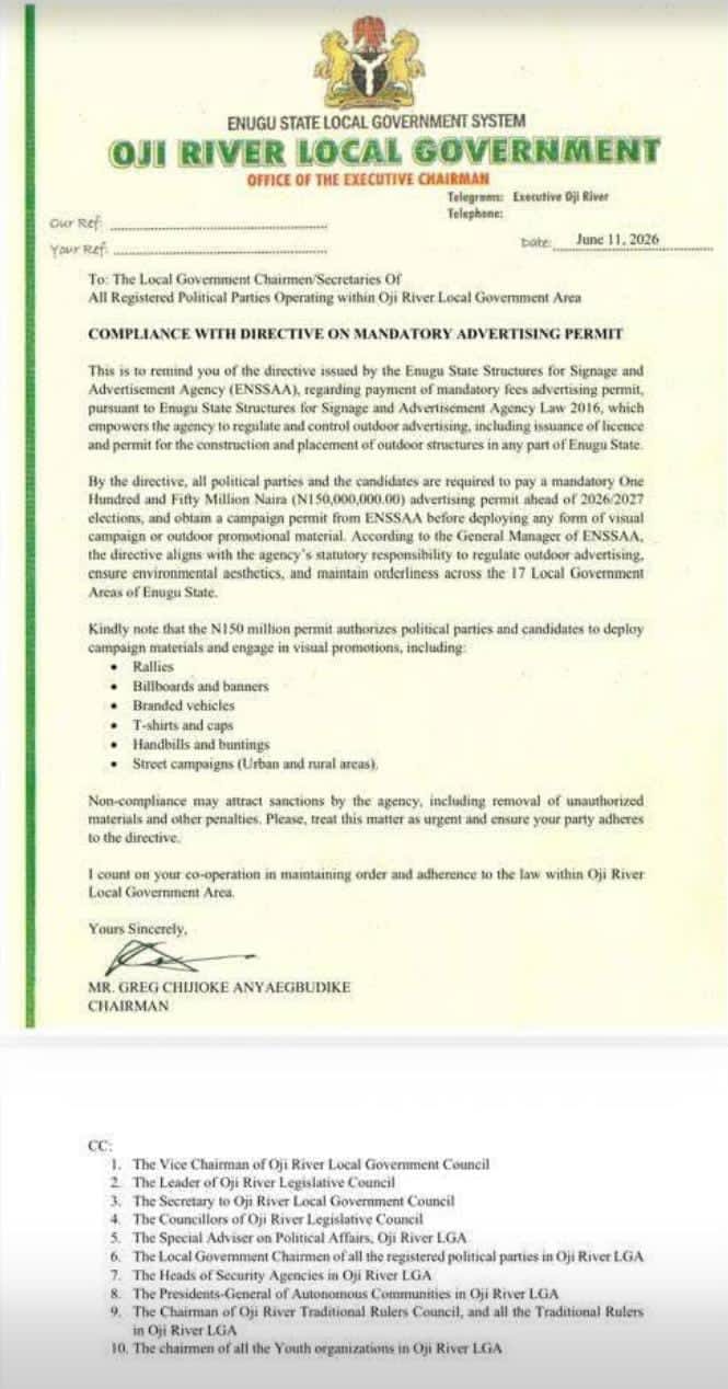 EXTORTION AS ELECTORAL STRATEGY: OJI RIVER COUNCIL AND ENSSAA IMPOSE EXORBITANT ₦150 MILLION CAMPAIGN PERMIT TO SUFFOCATE OPPOSITION
