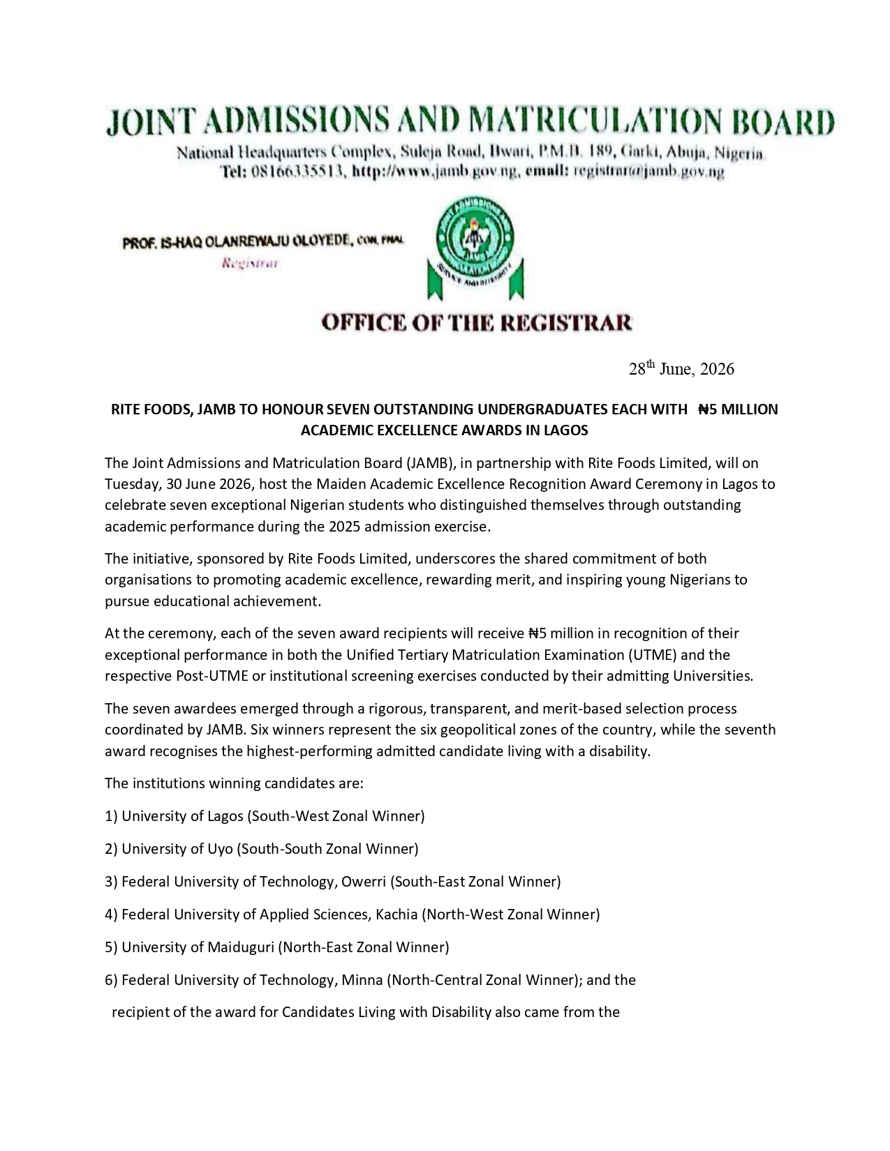 IMO TAKES THE LEAD: FUTO Clinches South-East Slot in JAMB’s ₦5 Million Academic Excellence Awards as Education Policies Yield Results