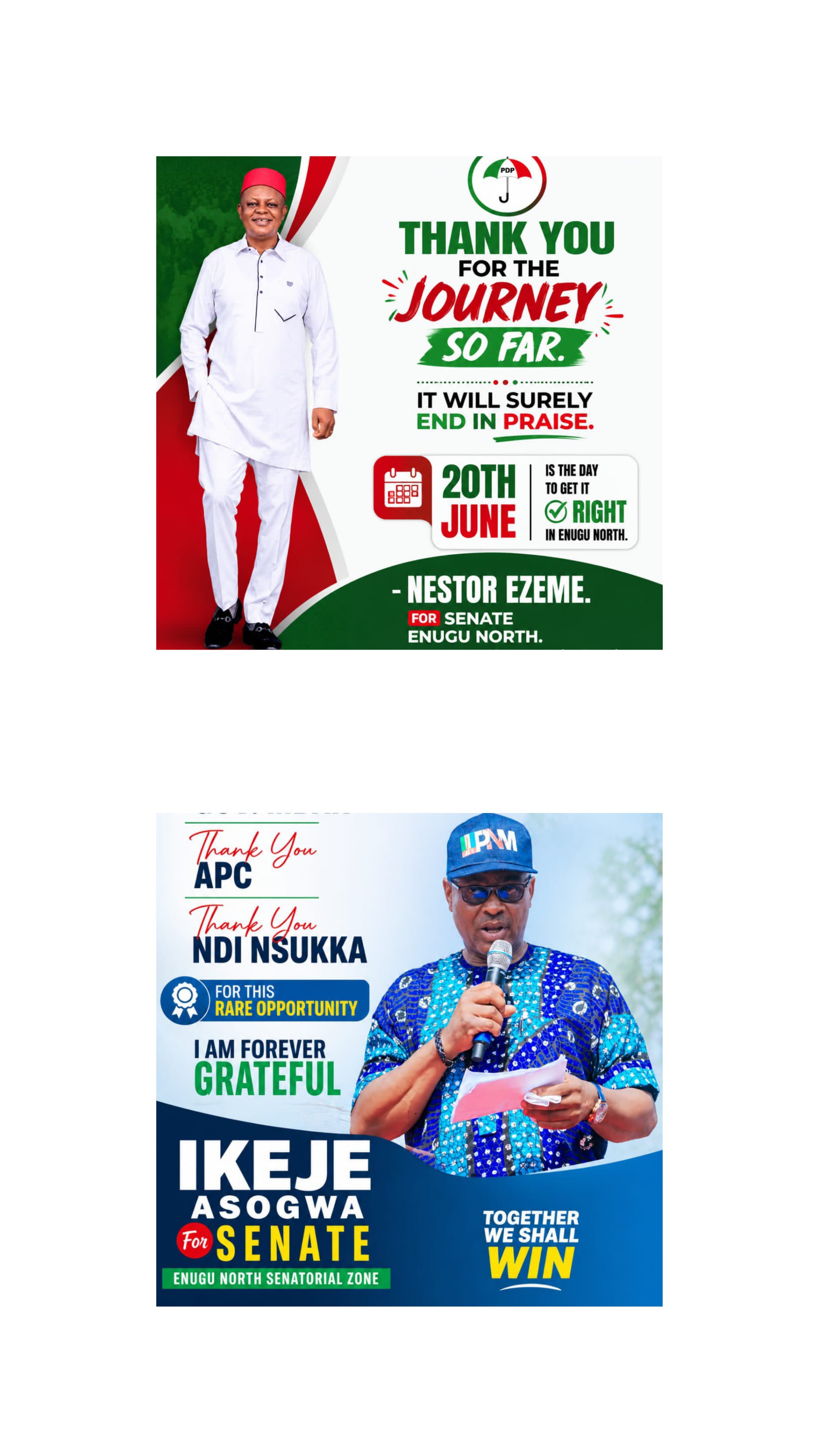Enugu North Senatorial Race Heats Up as PDP's Barr. Nestor Ezema and APC's Ikeje Asogwa Set for June 20, 2026 Contest