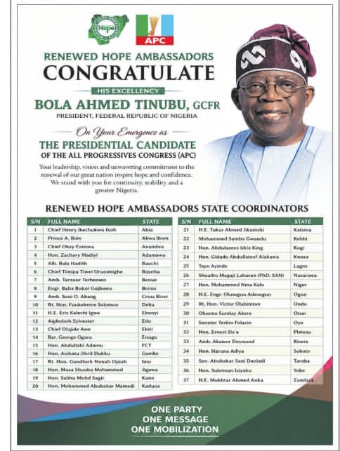 Renewed Hope Ambassadors Congratulate Tinubu on Emergence as APC Presidential Candidate