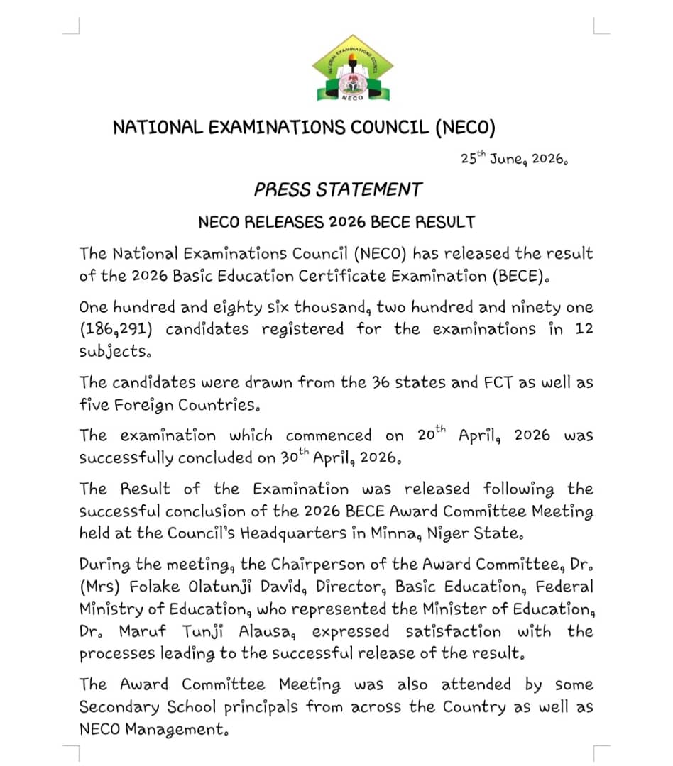 NECO Releases 2026 BECE Results Nationwide