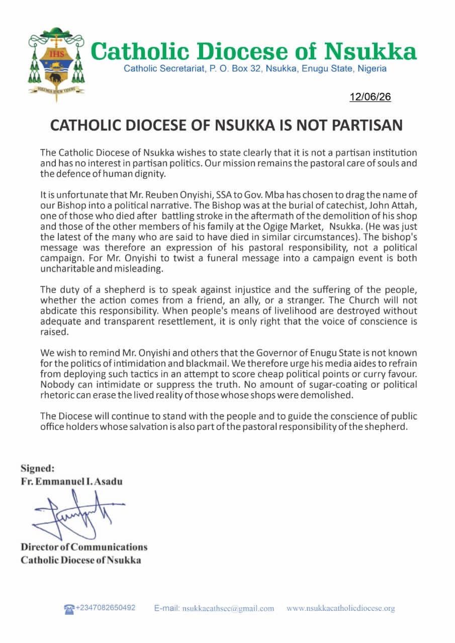 Catholic Diocese of Nsukka Fires Back at Governor Mbah's Administration over Ogige Market Demolition Tragedy and Reaffirms Non-Partisan Stance
