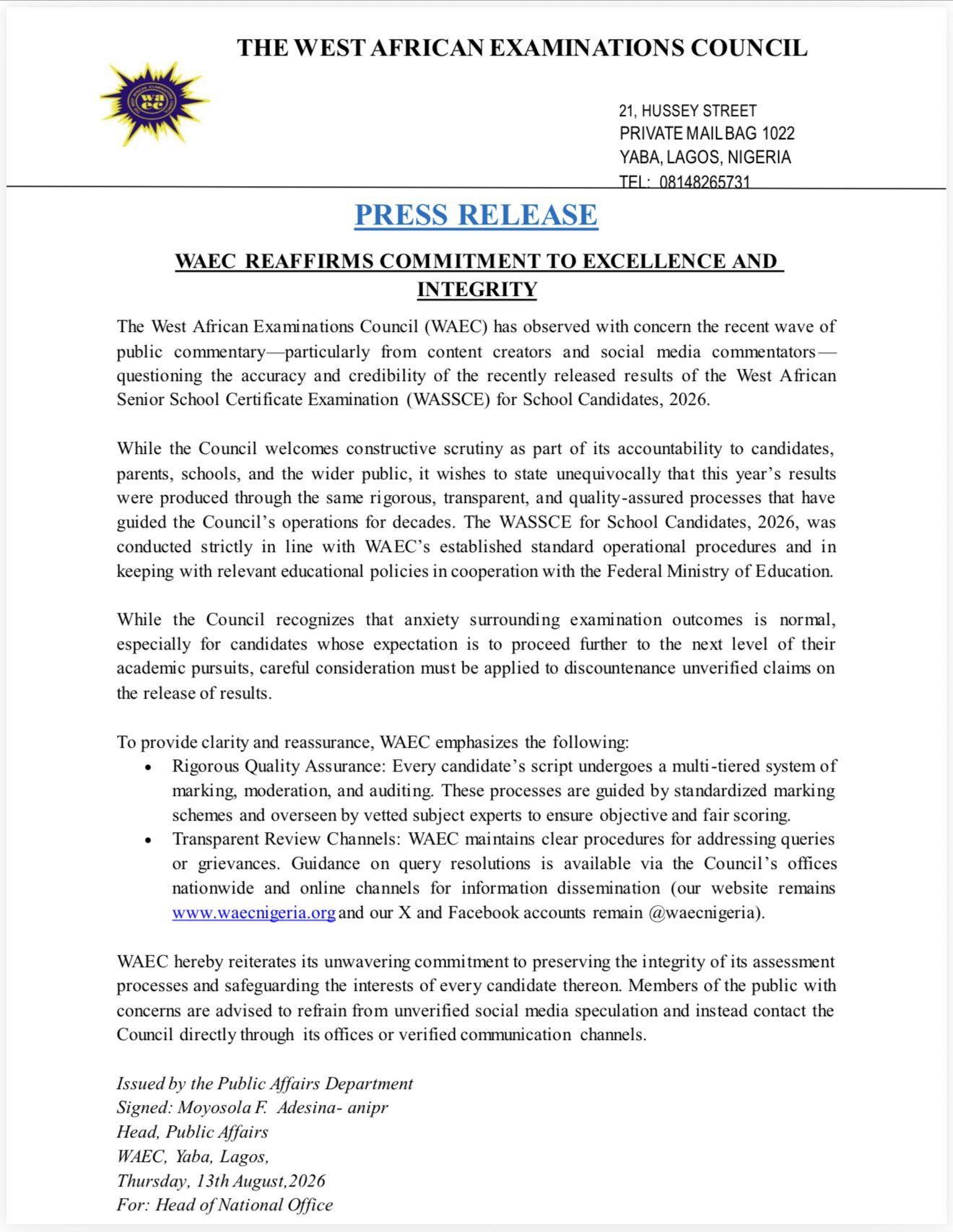 LEGAL ULTIMATUM AND CONTROVERSY SURROUNDING WAEC NIGERIA 2026 WASSCE RESULTS
