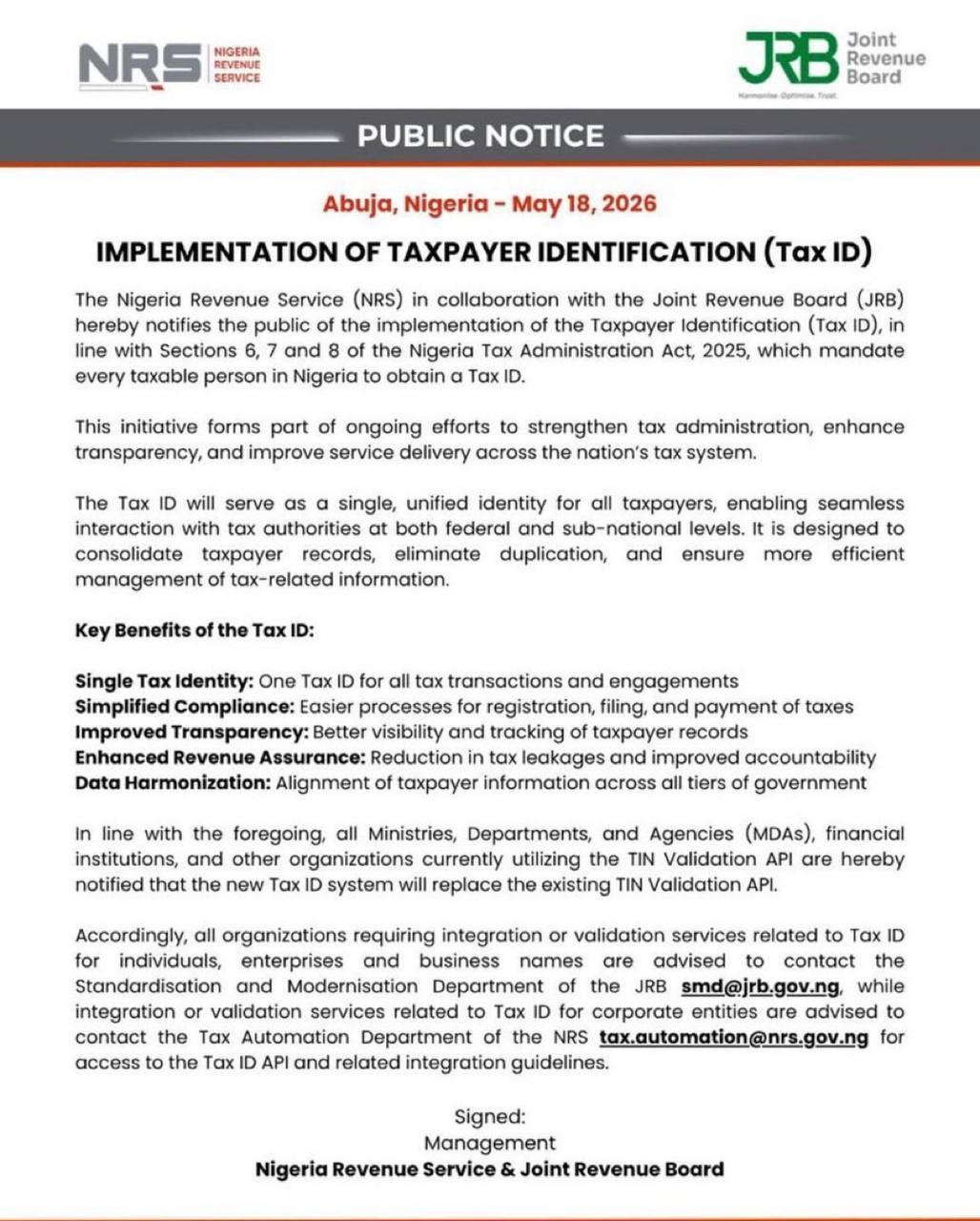 Nigeria Revenue Service Announces New Taxpayer Identification System Nationwide