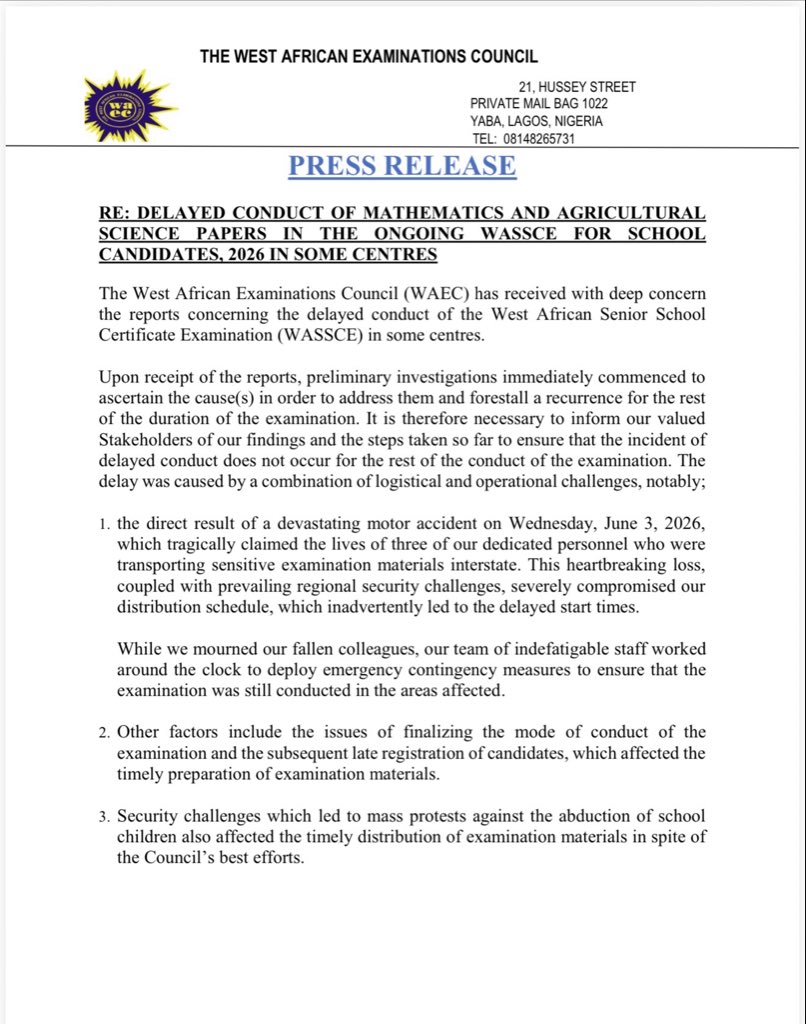 Tragedy and Insecurity Delay WASSCE Papers: WAEC Explains Logistical Hitches Affecting Mathematics and Agric Science Exams