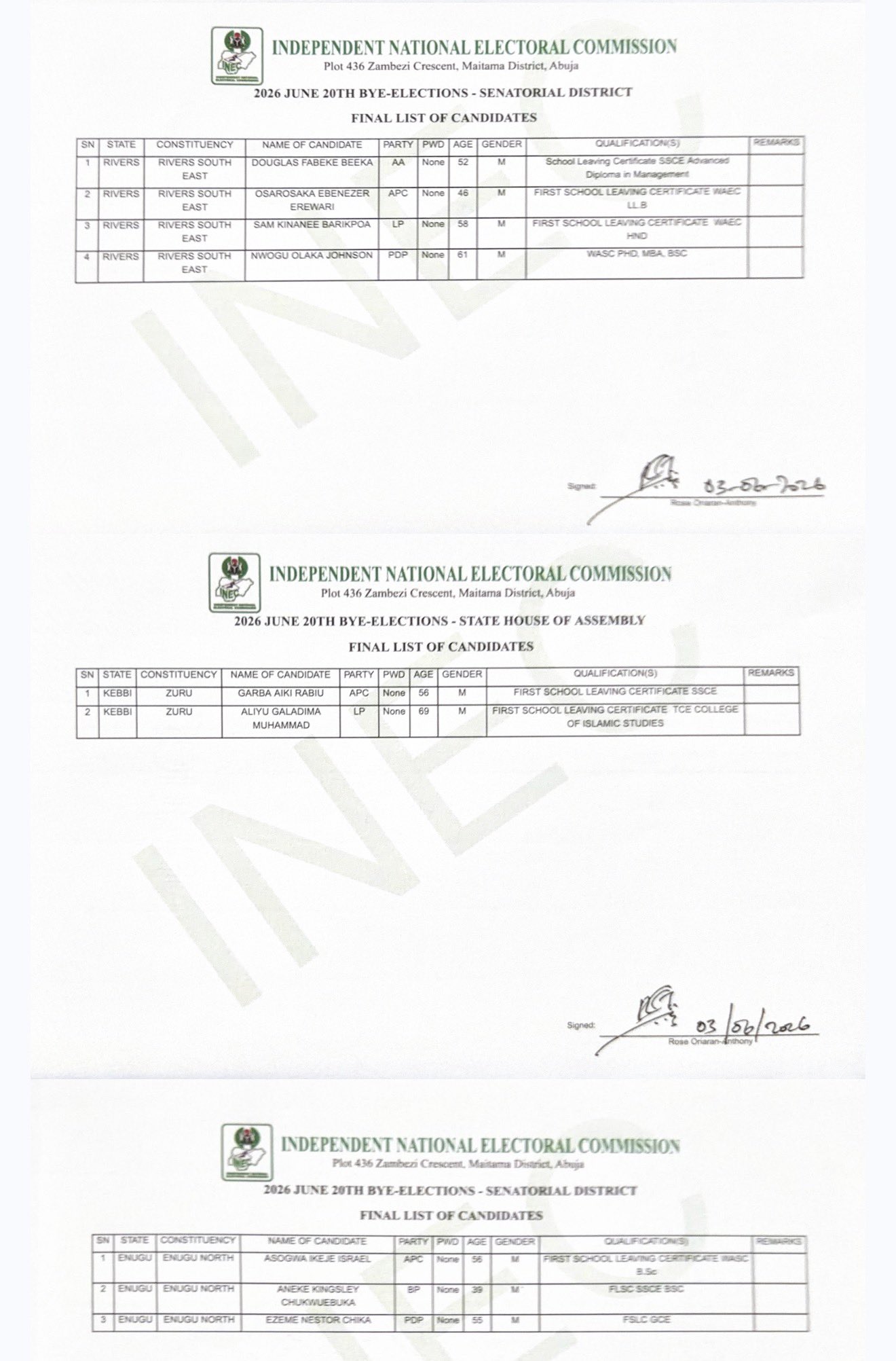 Countdown to June 20: INEC Publishes Final Candidates List for Strategic Bye-Elections Across Nigeria
