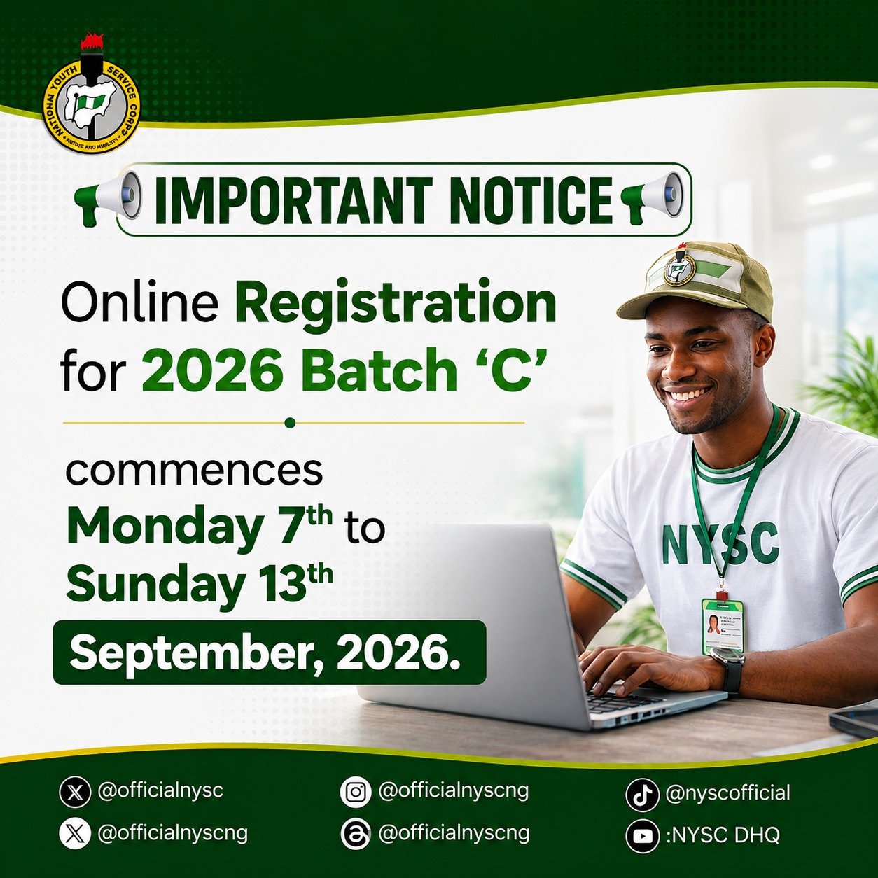 NYSC Announces Dates For 2026 Batch ‘C’ Registration, Mandates NERD Clearance For Prospective Corps Members