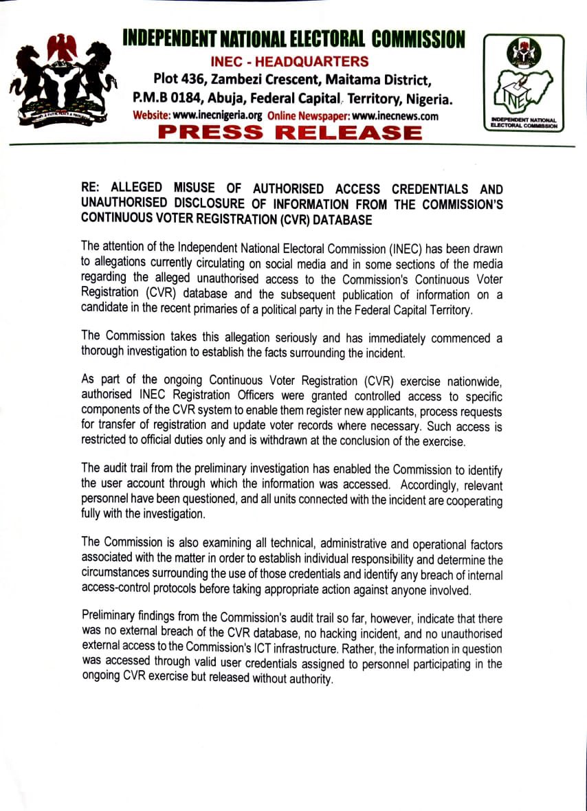 INEC Denies Database Breach, Launches Probe into Unauthorized Access to Voter Record