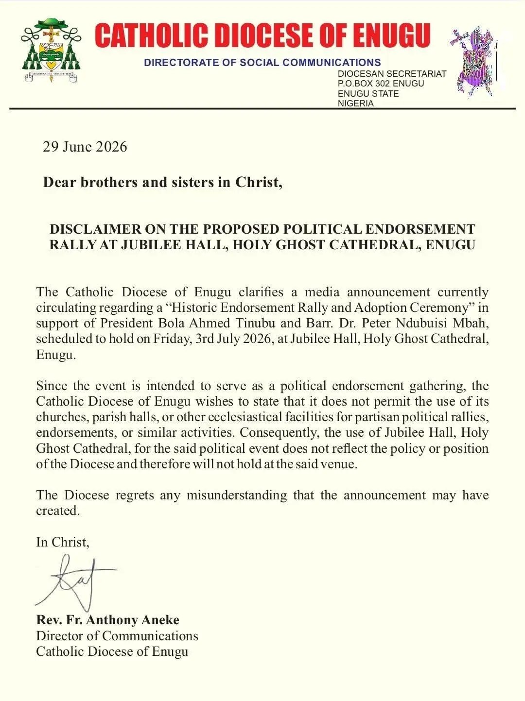 NO POLITICAL RALLIES IN THE HOUSE OF GOD: Catholic Diocese of Enugu Shuts Down Proposed Tinubu, Mbah Endorsement Event at Holy Ghost Cathedral