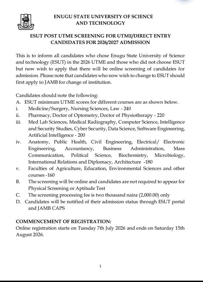 ESUT ADMISSIONS 2026/2027: Portal Opens for UTME and Direct Entry Screening with Five Newly Approved High-Tech Degree Programs