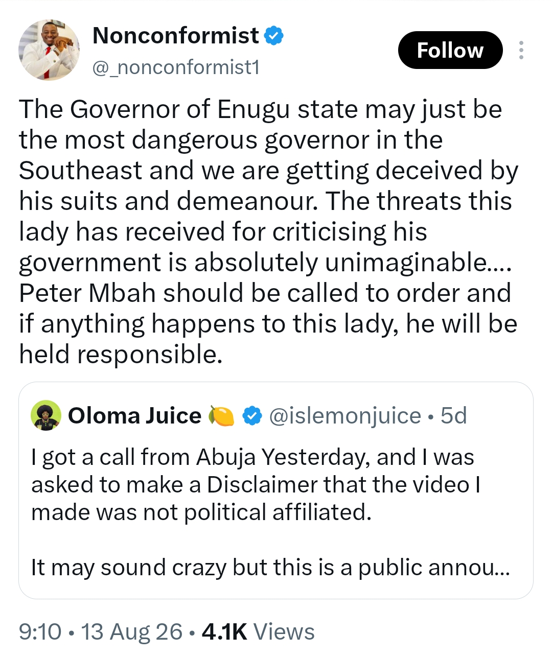 Intimidation Allegations: Social Media Outrage Mounts Over Alleged Threats Against Critic Of Enugu Governor Peter Mbah