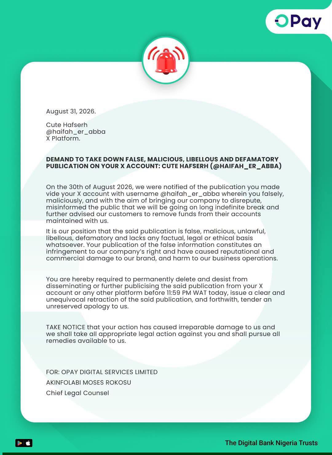 OPay Issues Final Cease-And-Desist Notice To X User Over False Operations Shutdown Claims