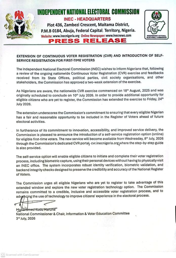 DEMOCRACY EXPANDS: INEC Grants Two-Week Voter Registration Extension and Unveils Revolutionary Online Biometric Self-Service Portal