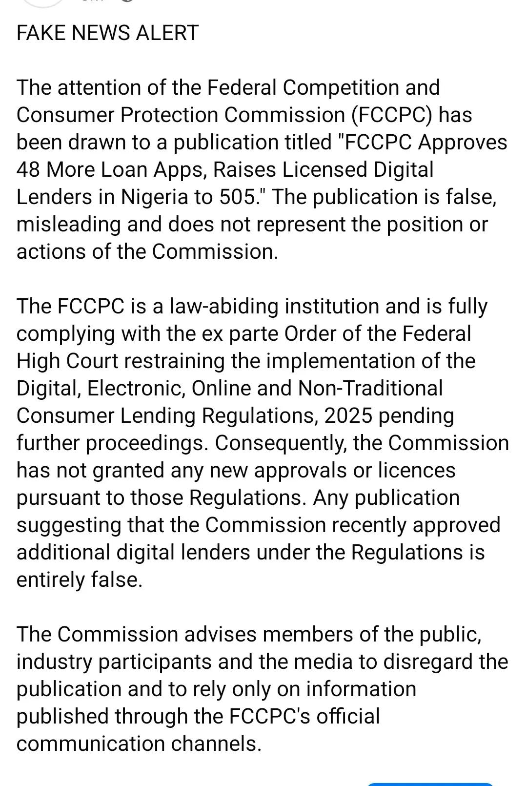 FAKE NEWS ALERT: FCCPC Disclaims Purported Approval of 48 New Loan Apps, Cites Subsisting Federal High Court Injunction