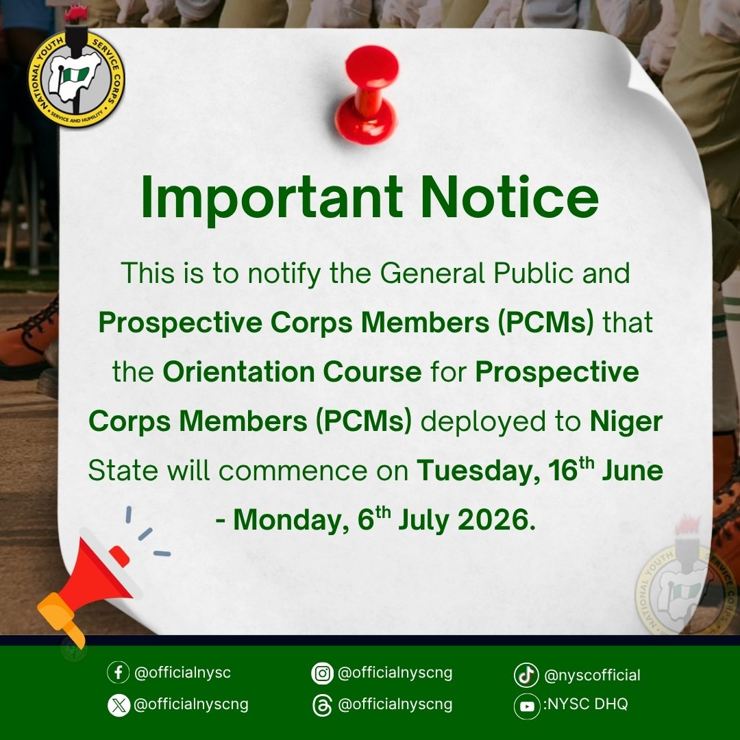 National Service Timelines Set: NYSC Releases Orientation Dates for Niger State Prospective Corps Members